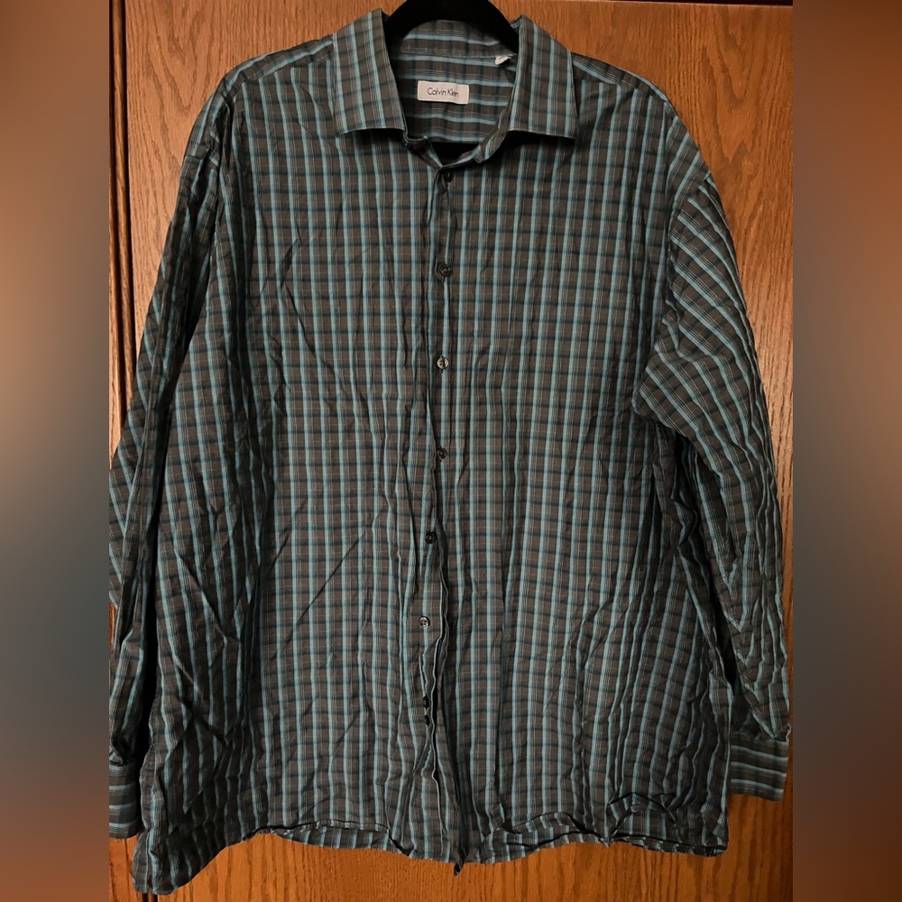 Calvin Klein long sleeve oxford, 18 1/2 collar, 34/35, teal and gray shirt